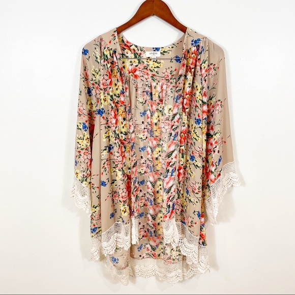 Umgee Other - UMGEE Floral Bomb Open Front Lace Kimono Coverup Cardigan Beige S/M Boho Vacay